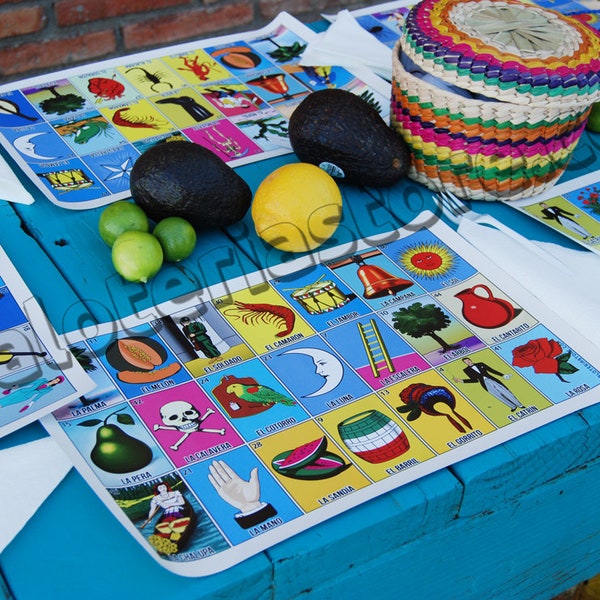 La Loteria Placemats Set - 9.75x15" Mexican Bingo Vinyl Placemats - Party - Fiesta - Loteria Game Night - Table Decor Playable Placemats