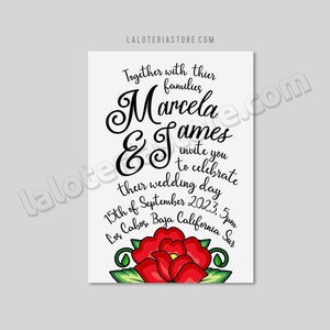 Printed Wedding Invitations Red Rose Lettering Latina Latino - Save the Date 5x7 Custom Details