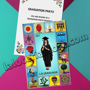 Invitaciones de graduación impresas Loteria Party Fiesta - 4x6 pulgadas delante y detrás con detalles personalizados