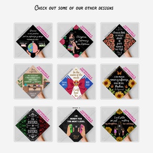 May include: A collection of graduation cap designs with various themes and text. The caps feature phrases like "Class of 2023", "I will heal you", and "Ready for the next level". Each cap has a unique design and color scheme.