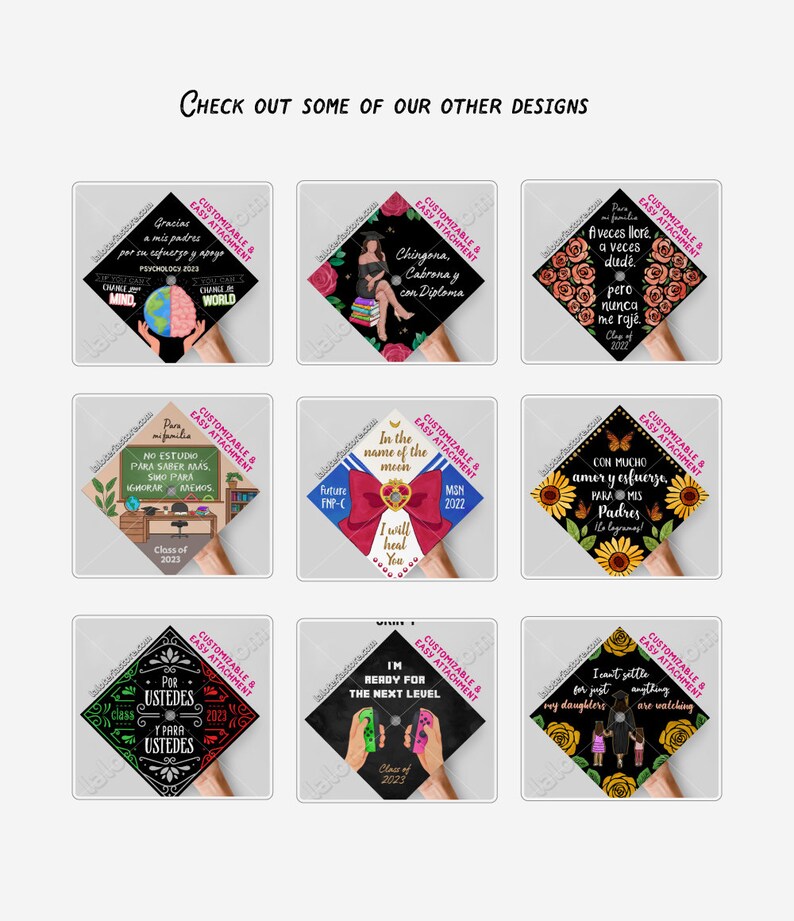 May include: A collection of graduation cap designs with various themes and text. The caps feature phrases like "Class of 2023", "I will heal you", and "Ready for the next level". Each cap has a unique design and color scheme.