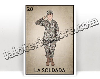 La Soldada Loteria Card - Army Female Soldier Mexican Bingo Art Print - Poster - Many Sizes