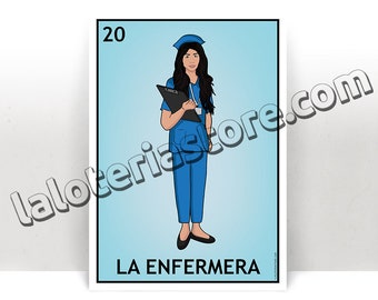 Class 2023 Graduation - La Enfermera Blue Scrubs Loteria Card - The Nurse BSN Mexican Bingo Art Print - Poster - Many Sizes - Customizable