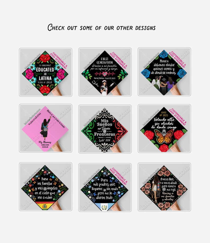 May include: A collection of graduation cap designs with various themes and text. The caps feature floral and butterfly accents, along with phrases like "Educated Latina" and "First Generation." The text "Check out some of our other designs" is at the top.