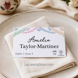 Segnaposto stampati con ghirlanda Fiesta per matrimoni messicani, cartellini personalizzati per pasti e diete #029
