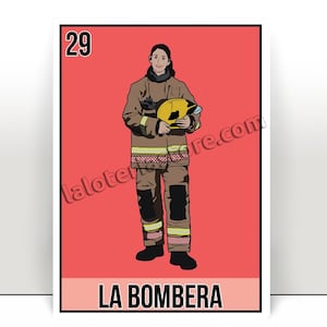 May include: Illustration of a firefighter in brown uniform holding a yellow helmet, set against a red background. The number 29 is in the top left corner, and the text "LA BOMBERA" is at the bottom. The image is a stylized, flat design.