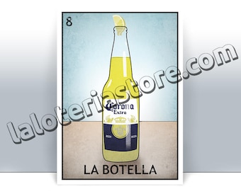Pode incluir: Uma ilustração de estilo vintage de uma garrafa de cerveja Corona Extra com uma fatia de limão em cima. A garrafa é amarela com um rótulo azul que diz "Corona Extra" e "La Botella". O número "8" está no canto superior esquerdo da imagem.