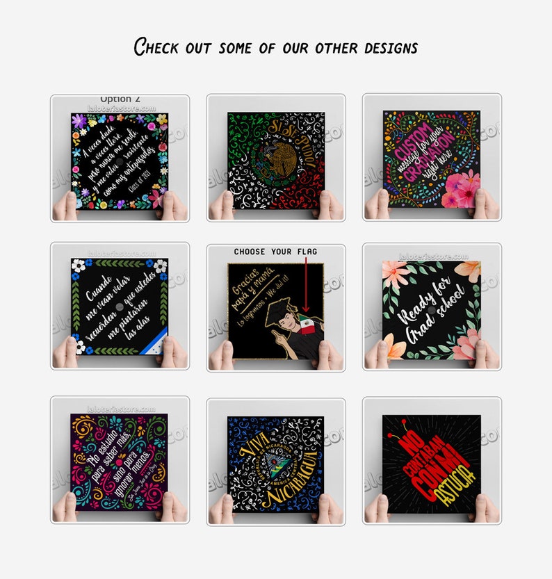 May include: A collection of square graduation cap designs with various text and floral elements. The designs include phrases like "Ready for Grad School" and "Custom Message for your Graduation". The image also features text that says "Check out some of our other designs."