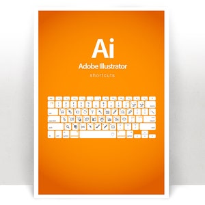 May include: An orange poster with the text "Ai Adobe Illustrator shortcuts" and a white keyboard with icons representing keyboard shortcuts.