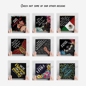 May include: A collection of square art prints with various designs and text. The prints feature phrases like "Mujer Bonita es la que lucha" and "Gracias mama y papa por todas sus bendiciones." The phrase "Check out some of our other designs" is at the top.