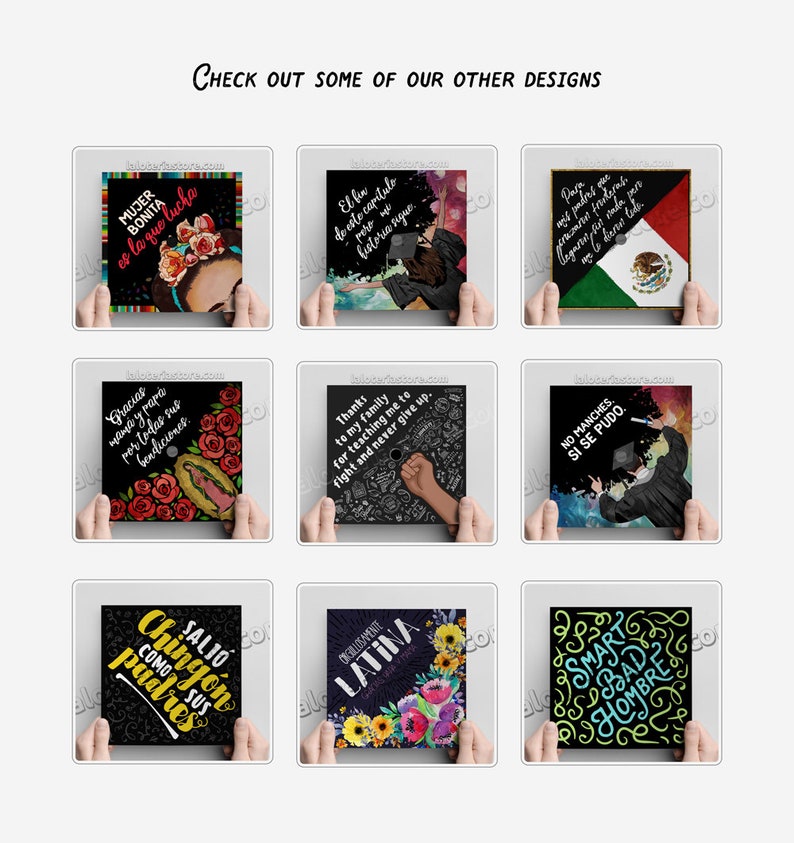 May include: A collection of square art prints with various designs and text. The prints feature phrases like "Mujer Bonita es la que lucha" and "Gracias mama y papa por todas sus bendiciones." The phrase "Check out some of our other designs" is at the top.