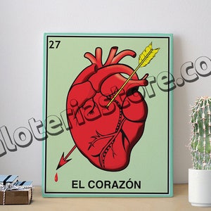 Płótno 8x10 "El Corazon Loteria karty rozciągnięte i gotowe do zawieszania-serce meksykańskie Bingo Art Print