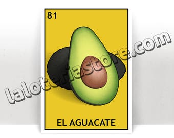 Könnte beinhalten: Eine gelbe Karte mit der Nummer 81 in der oberen linken Ecke. Die Karte zeigt eine Cartoon-Illustration einer grünen Avocado mit einem braunen Kern. Der Text "EL AGUACATE" ist in Schwarz am unteren Rand der Karte gedruckt.