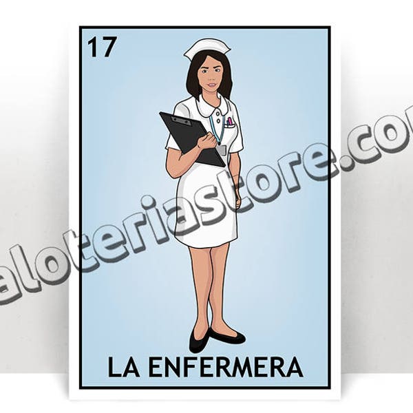 Printed La Enfermera Loteria Card - The Nurse BSN Mexican Bingo Art Print - Poster - Many Sizes  - Customizable