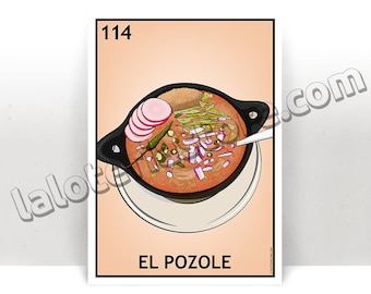 Könnte beinhalten: Eine Vintage-Illustration einer Schüssel Pozole, einer traditionellen mexikanischen Suppe. Die Schüssel ist gefüllt mit einer roten Brühe, die mit Radieschen, Zwiebeln und Koriander garniert ist. Die Illustration trägt den Titel "El Pozole" und die Nummer 114.