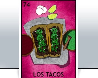 Los Tacos Loteria Card - Taqueria Mexican Bingo Art Print - Poster - Restaurant - Food Truck - Many Sizes