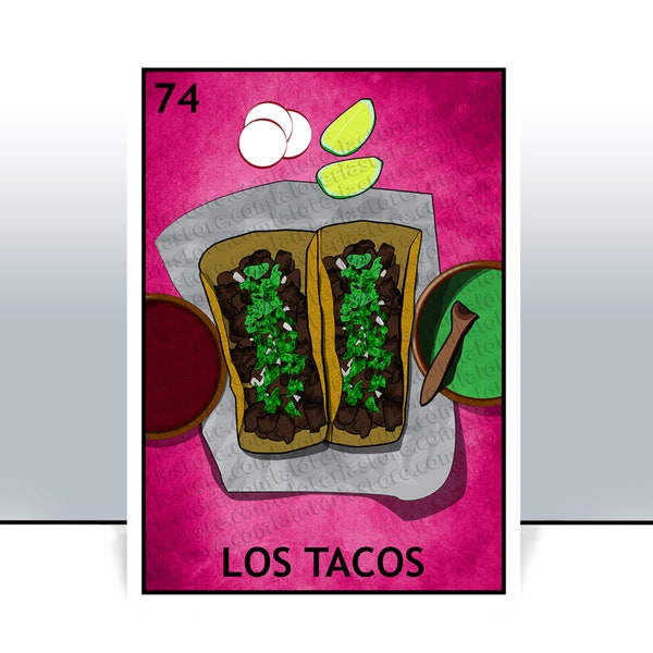 Los Tacos Loteria Card - Taqueria Mexican Bingo Art Print - Poster - Restaurant - Food Truck - Many Sizes