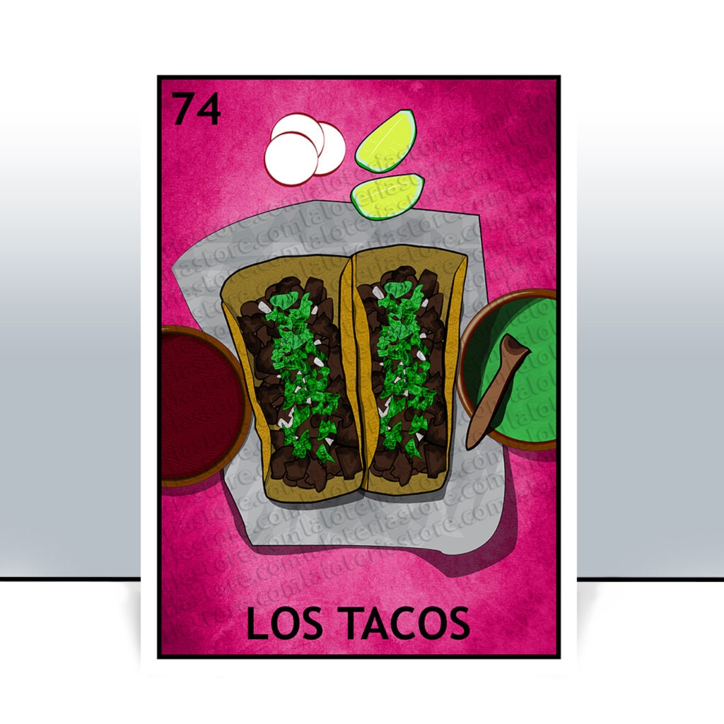 Los Tacos Mexican Lottery Game Card - Taqueria Mexican Bingo Art