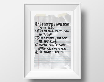 May include: A handwritten list on lined paper titled "#5 The First Time I Heard Myself On The Radio" and continues with a list of numbered memories.