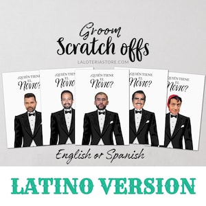 Puede incluir: Tarjetas de rascar para el novio con el texto "¿QUIÉN TIENE EL NOVIO?" y fotos de hombres en esmoquin. Las tarjetas indican "English or Spanish" y "LATINO VERSION" en color turquesa.