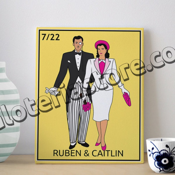 Canvas Customizable La Novia y el Novio Loteria Card Stretched And Ready to Hang - Custom Bride and Groom Mexican Bingo Art Print