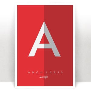 Può includere: Una lettera A bianca su uno sfondo rosso con il testo "AngularJS" e "Google" sotto.