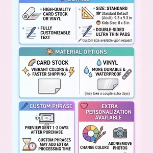 May include: Informational graphic for custom graduation cap toppers. Details include card stock or vinyl options, customizable text, and standard sizes of 9.3 x 9.3 inches (adult) and 8 x 8 inches (kids). Extra personalization is available.