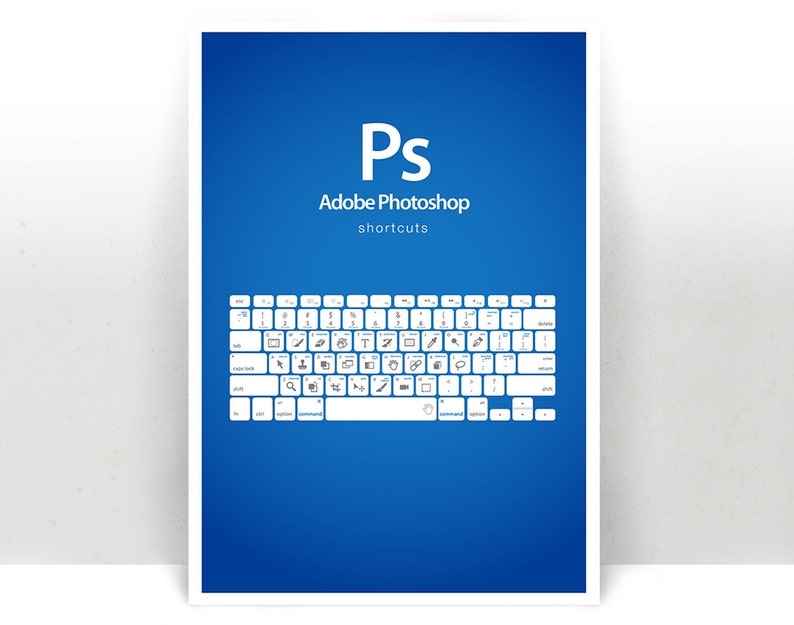 May include: A blue poster with the text "Ps Adobe Photoshop shortcuts" and a white keyboard with icons representing Photoshop keyboard shortcuts.