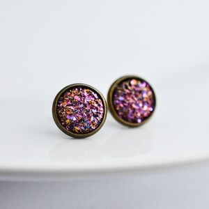 Druzy Stud Earrings, Iridescent Pink Purple Silver Bronze, Sparkle Earrings, Accessory Jewelry, Bridesmaids gifts, Statement Earrings