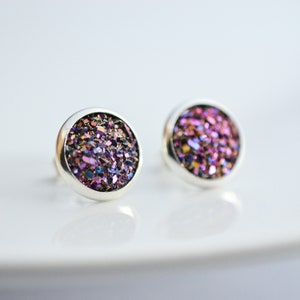 Druzy Stud Earrings, Iridescent Pink Purple Silver Bronze, Sparkle Earrings, Accessory Jewelry, Bridesmaids gifts, Statement Earrings