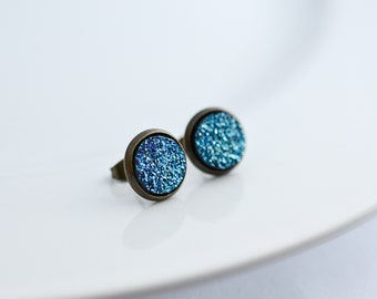 Druzy Stud Earrings, Denim Blue, Blue, Faux Druzy Earrings, Sparkle Earrings, Accessory Jewelry, Bridesmaids gifts, Statement Earrings