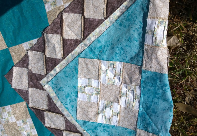 Unfinished Quilt Backing and Binding Included Handmade Quilt Top 78 by 66 Turquoise Brown and Beige Prints Twin Size or Wallhanging