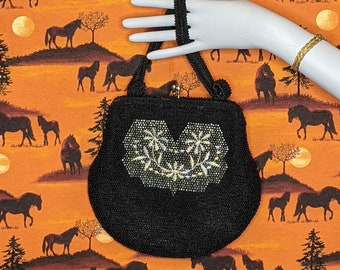 Vintage 1950s Lumured Beaded Purse - Black & White Floral Design