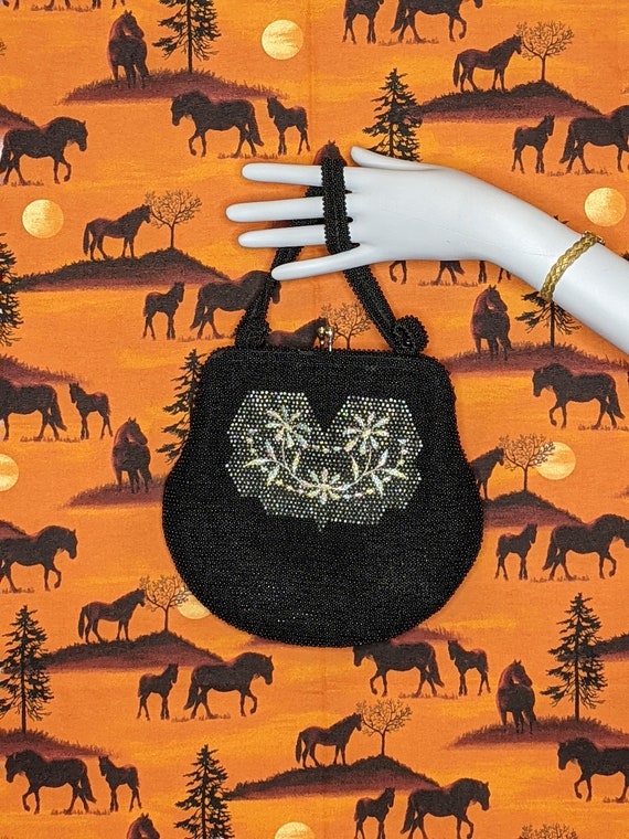 Vintage 1950s Lumured Beaded Purse - Black & White