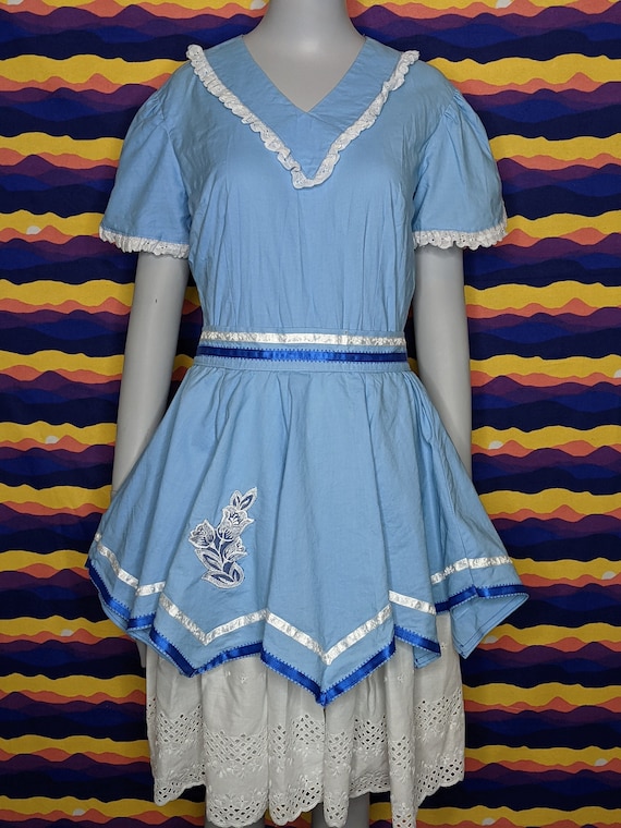 Vintage Handmade Cornflower Blue Western Dress wi… - image 1