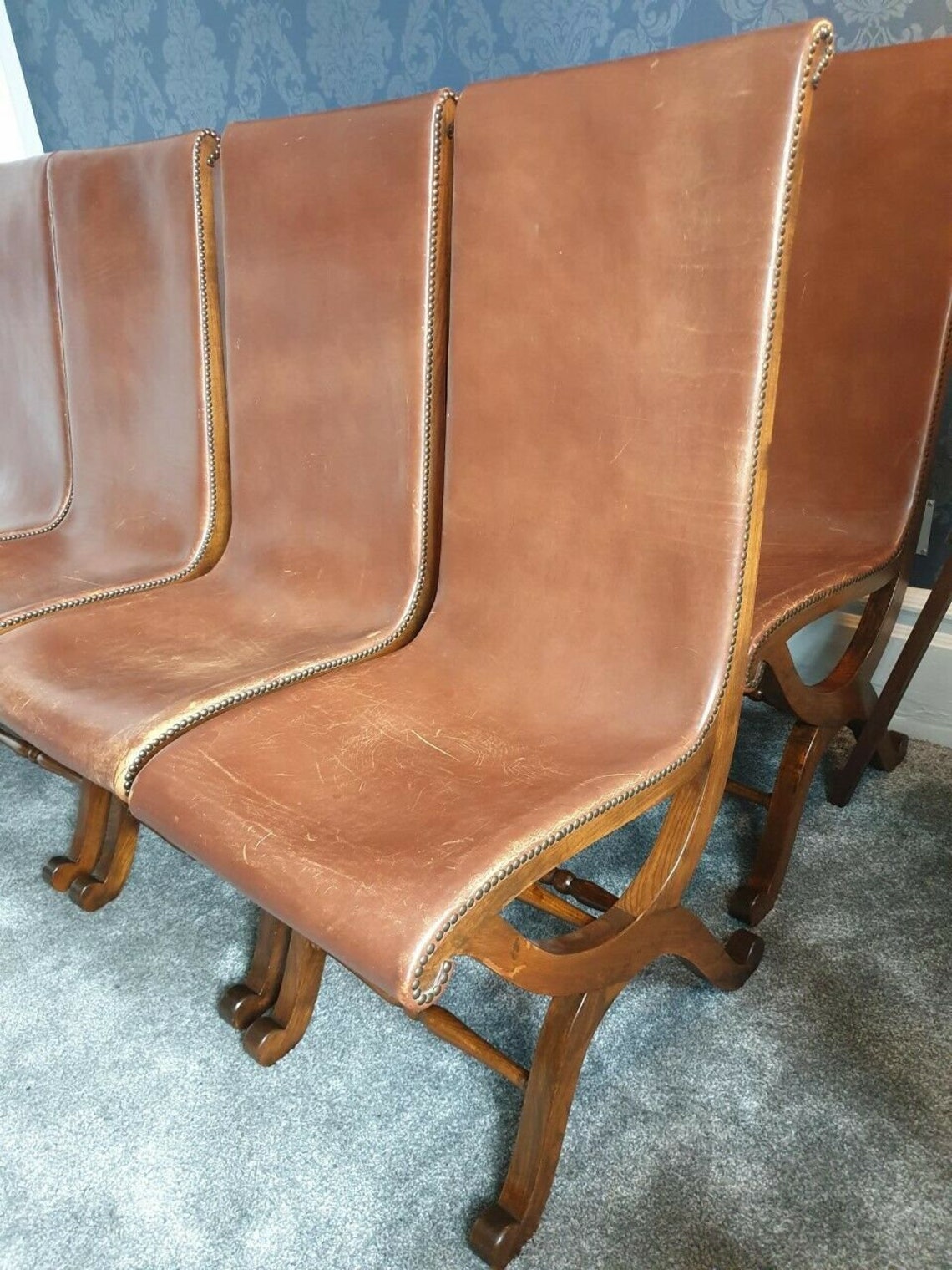 A Set Of 8 Studded Leather High Back Vintage Dining Chairs Etsy