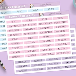 Puede incluir: Un conjunto de pegatinas de planificador imprimibles con etiquetas rosas y azules. Las etiquetas tienen texto como "To Do", "No olvides", "Importante", "Máxima prioridad", "Hoy", "Para limpiar", "Recados", "Esta semana", "Programa", "Proyectos", "Próxima semana" y "Cosas pequeñas".