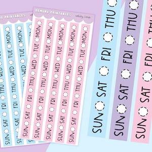 Puede incluir: Tres pegatinas de planificador imprimibles con los días de la semana etiquetados. Las pegatinas son de color azul, morado y rosa con círculos blancos y texto negro.