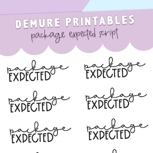 Op de afbeelding: Een vel stickers met de tekst "package expected" in een handgeschreven lettertype. De stickers zijn zwart op een witte achtergrond, met een lichtpaarse koptekst met de tekst "DEMURE PRINTABLES package expected script".