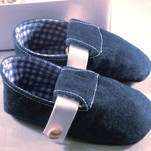 Handmade Baby Shoes, Denim with Leather sole, Ribbon Strap with Velcro Closure, Baseball Button