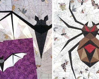 May include: A patchwork quilt block featuring a black and white bat and a brown spider with red eyes. The bat and spider are surrounded by a white spiderweb with small black and white butterflies.