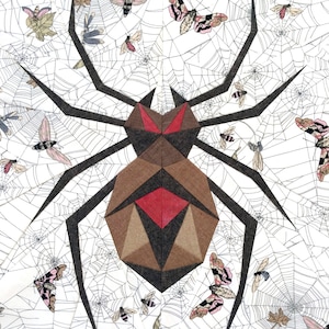 May include: A geometric black spider with a red and brown body sits in the center of a white web. The web is covered in small, colorful butterflies.