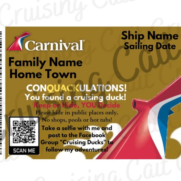 Customized Cruising Duck Tags: Carnival Cruise Gold Sailing Card