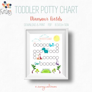May include: A printable potty training chart featuring a dinosaur theme. The chart has a white background with a blue, green, and pink color scheme. It includes a sun, clouds, and a row of circles for stickers or stamps. The text "My Potty Chart" is at the top of the chart. The text "Candy", "Cacti", and "Prize!" are below the circles. The chart is designed for an 8.5x11 inch sign.
