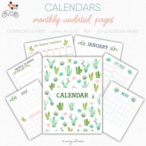 Calendario. Sin fecha. Más de 30 páginas. Carta de EE. UU. 8,5 x 11 . A4. A5. Imprimible. DESCARGA DIGITAL . Serie Cactus y Suculentas