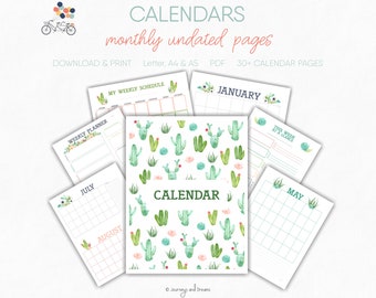 Calendar . Undated . 30+ Pages . US Letter 8.5 x 11 . A4 . A5 . Printable . DIGITAL DOWNLOAD . Cacti and Succulents Series