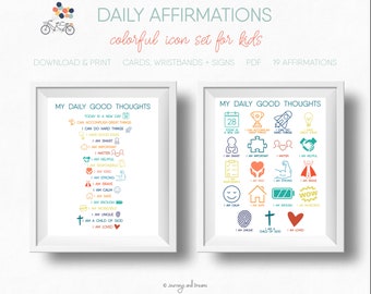 Daily Affirmations for Kids . Cards . Wristbands . Signs . 8.5 x 11 . Printable . DIGITAL DOWNLOAD . Colorful Daily Affirmations