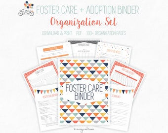 May include: A printable foster care and adoption binder organization set with a colorful geometric pattern on the cover. The set includes pages for daily logs, behavior charts, babysitter notes, and more. Download and print PDF 100+ organization pages.