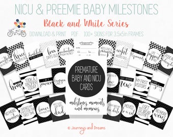 NICU, Preemie, Foster/Adoptive Baby Milestone Signs . 100+ Signs . 3.5x5 . Photo Prop . Printable . DIGITAL DOWNLOAD . Black + White Series
