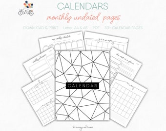 Calendar . Undated . 30+ Pages . US Letter 8.5 x 11 . A4 . A5 . Printable . DIGITAL DOWNLOAD . Black and White Series